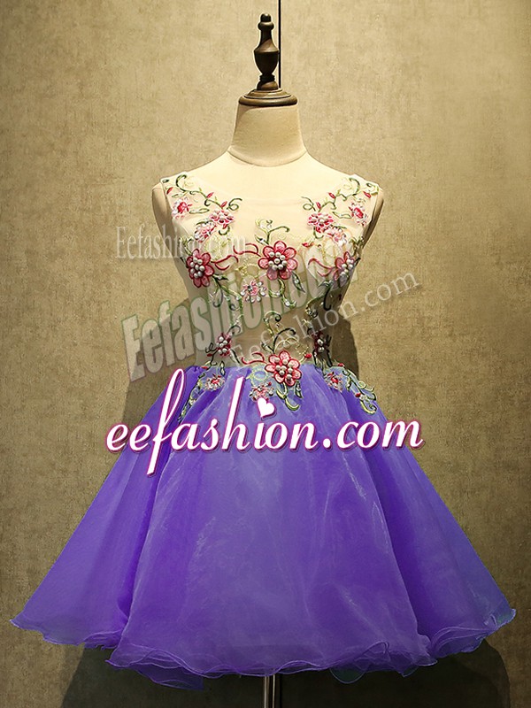 Best Selling Appliques Purple Lace Up Sleeveless Mini Length