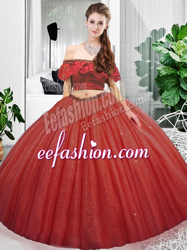 Beautiful Coral Red Two Pieces Organza Off The Shoulder Sleeveless Lace Floor Length Lace Up 15 Quinceanera Dress