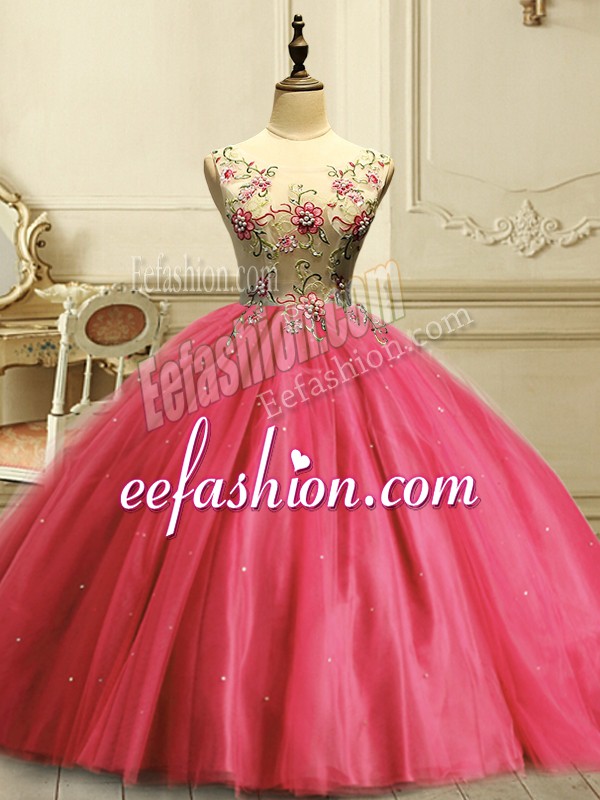 Beauteous Coral Red Sleeveless Appliques and Sequins Floor Length Ball Gown Prom Dress