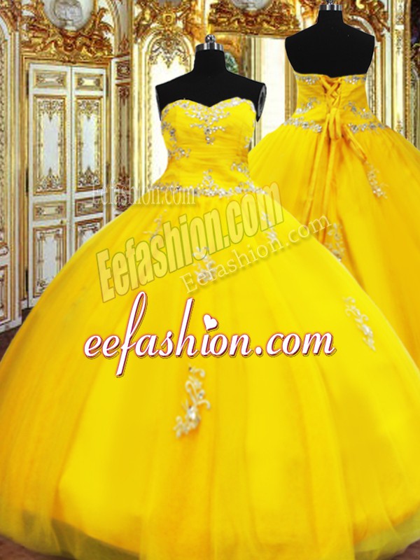 Custom Fit Sweetheart Sleeveless 15 Quinceanera Dress Floor Length Beading and Appliques Gold Organza