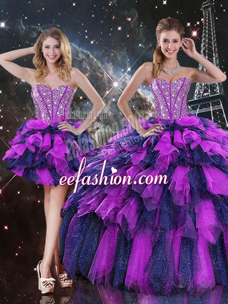 Spectacular Multi-color Organza Lace Up 15 Quinceanera Dress Sleeveless Floor Length Beading and Ruffles and Ruffled Layers