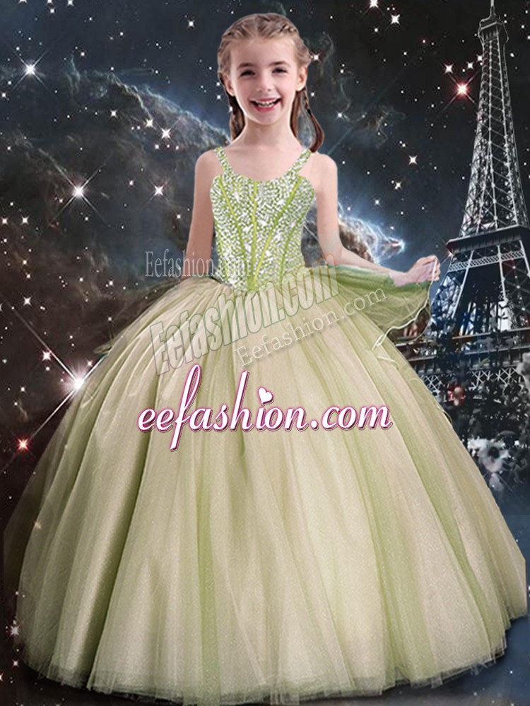  Yellow Green Sleeveless Floor Length Beading Lace Up Pageant Gowns For Girls