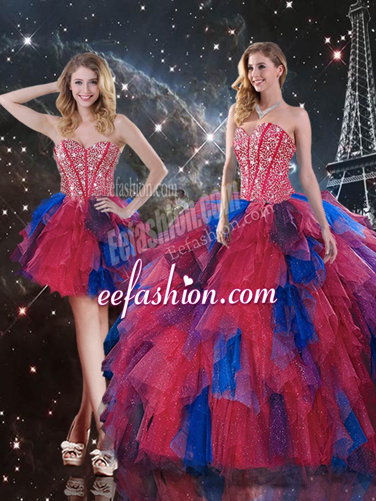  Floor Length Lace Up 15 Quinceanera Dress Multi-color for Military Ball and Sweet 16 and Quinceanera with Beading and Ruffles