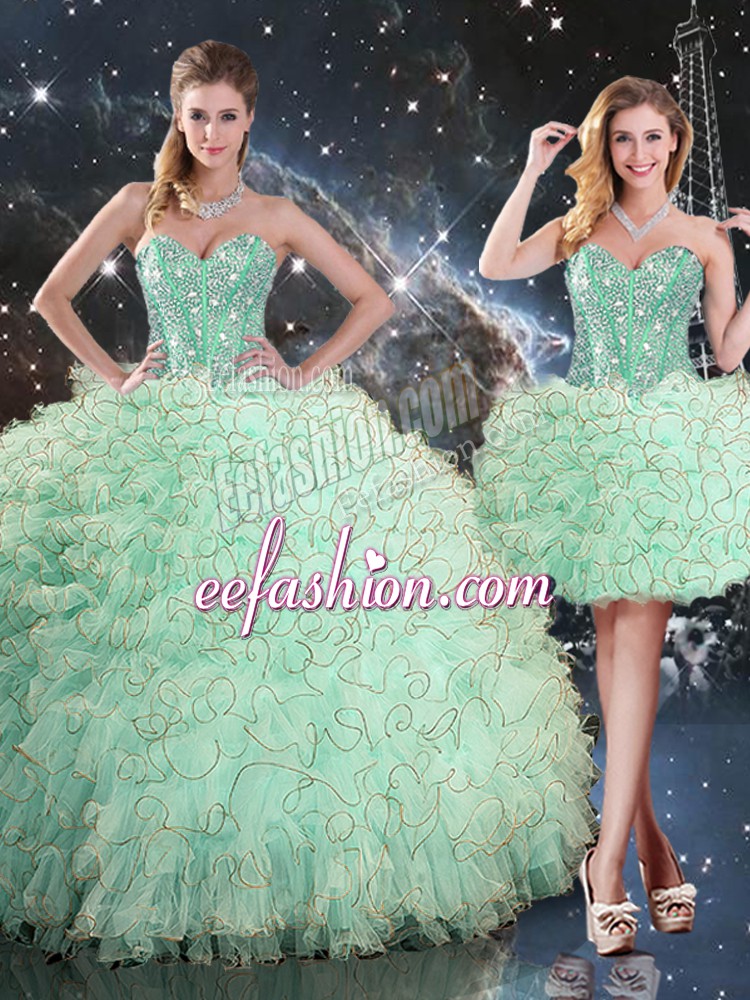  Floor Length Lace Up Quince Ball Gowns Apple Green for Military Ball and Sweet 16 and Quinceanera with Beading and Ruffles