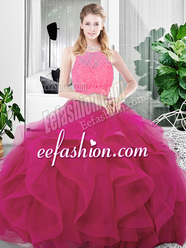 Hot Selling Fuchsia Sleeveless Floor Length Lace and Ruffles Zipper Quinceanera Dresses