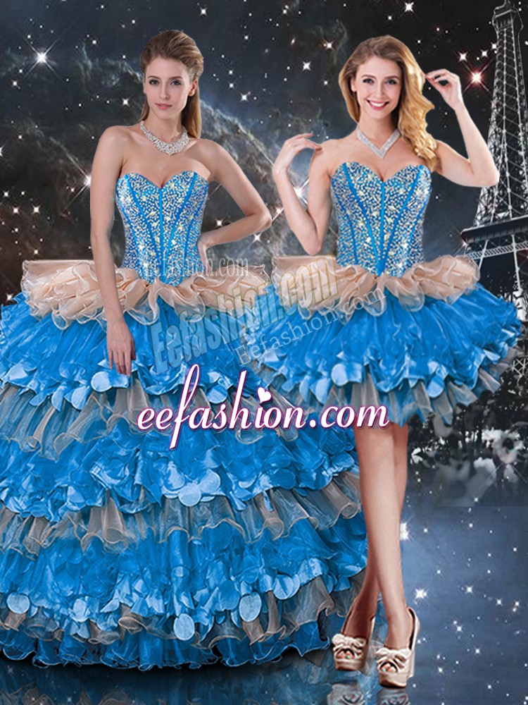  Multi-color Lace Up Sweetheart Beading and Ruffles and Ruffled Layers Sweet 16 Dress Organza Sleeveless