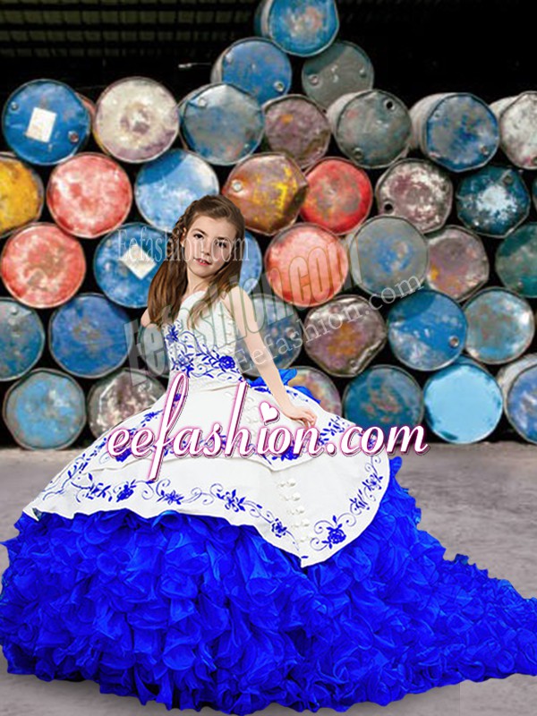  Blue And White Sleeveless Embroidery and Ruffled Layers Lace Up Pageant Dress