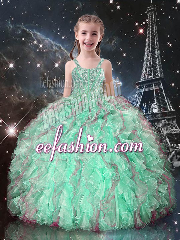  Turquoise Kids Formal Wear Quinceanera and Wedding Party with Beading and Ruffles Straps Sleeveless Lace Up