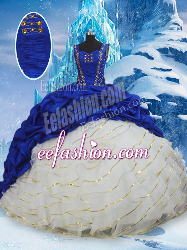 On Sale Blue And White Taffeta Lace Up Straps Sleeveless Quinceanera Gowns Brush Train Ruffled Layers and Pick Ups