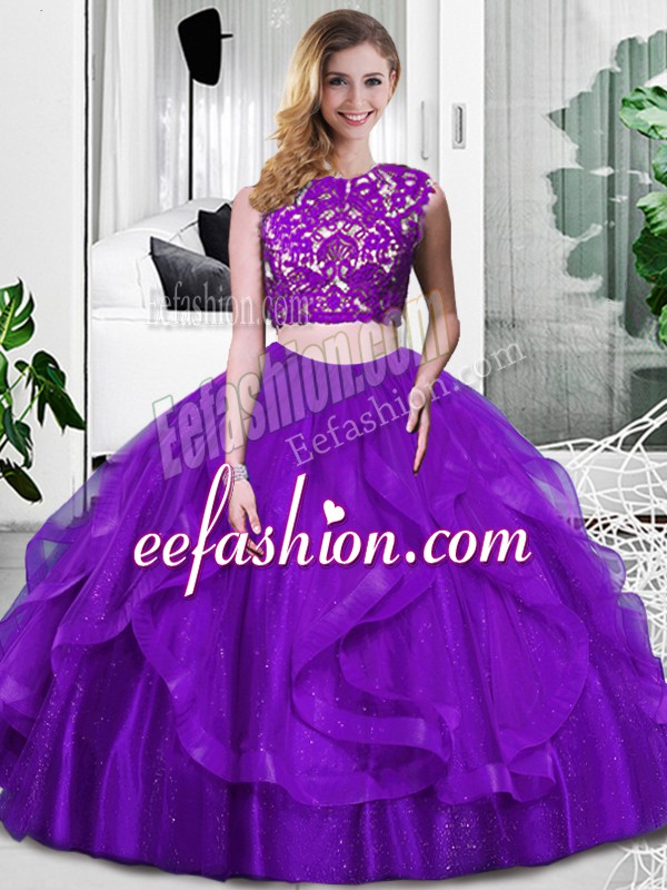  Floor Length Zipper Vestidos de Quinceanera Purple for Military Ball and Sweet 16 and Quinceanera with Lace and Ruffles