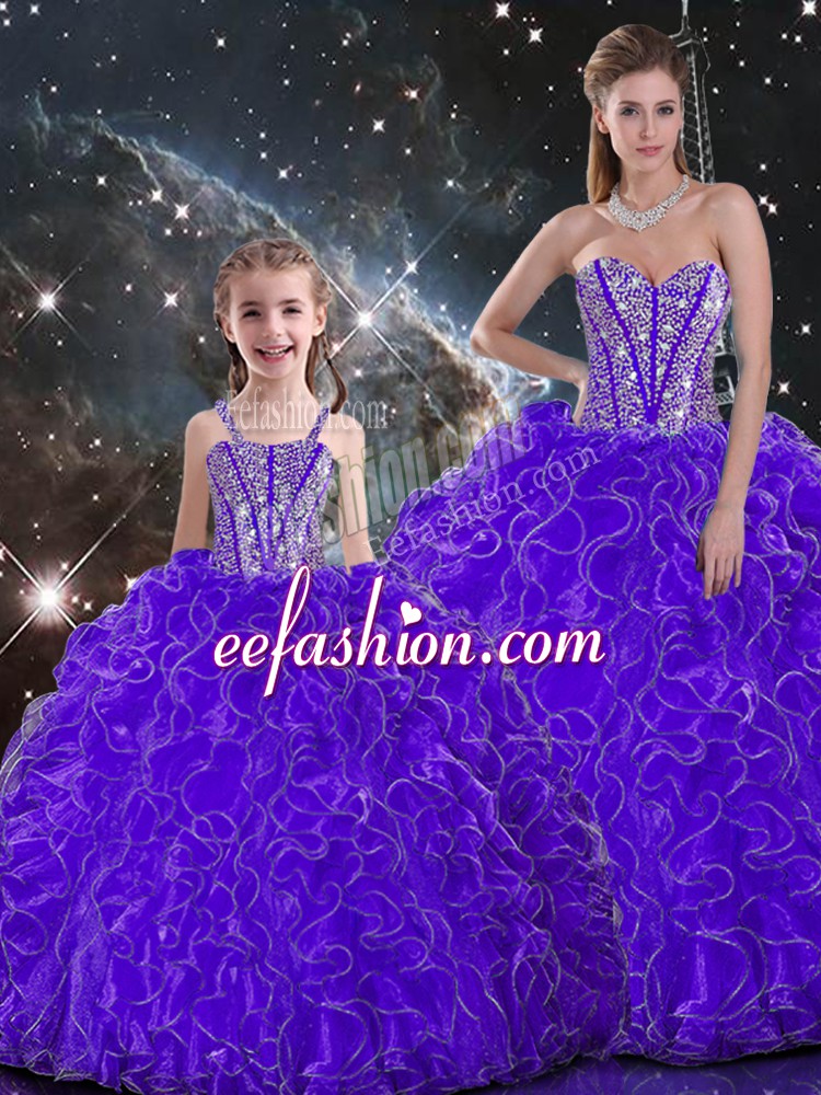  Floor Length Purple Vestidos de Quinceanera Organza Sleeveless Beading and Ruffles