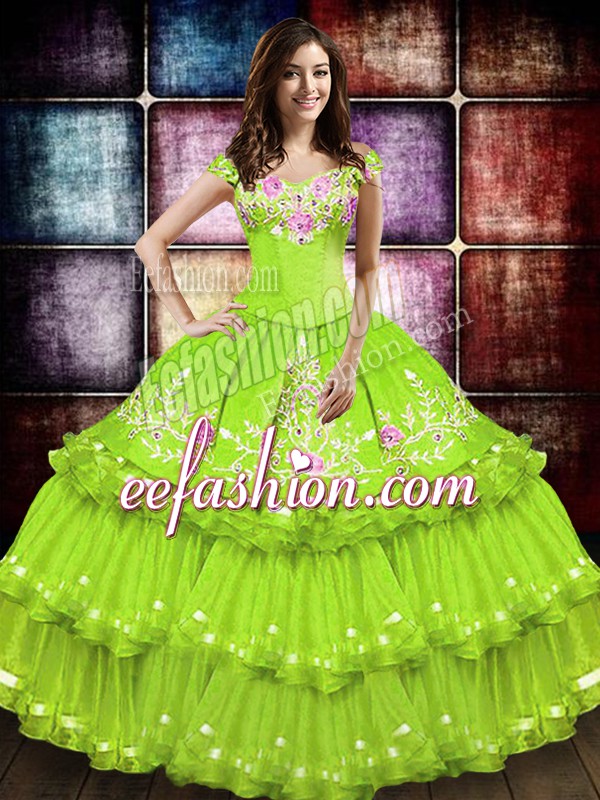 Customized Off The Shoulder Sleeveless Quinceanera Dresses Floor Length Embroidery and Ruffled Layers Yellow Green Taffeta