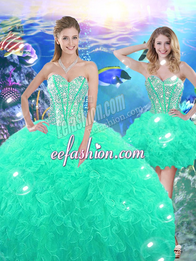 Beauteous Beading and Ruffles Ball Gown Prom Dress Turquoise Lace Up Sleeveless High Low