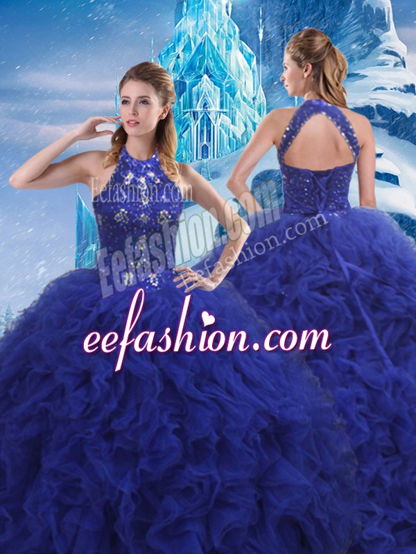  Sleeveless Organza Brush Train Lace Up Quinceanera Gowns in Blue with Beading and Ruffles