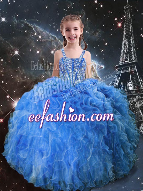  Baby Blue Glitz Pageant Dress Quinceanera and Wedding Party with Beading and Ruffles Straps Sleeveless Lace Up