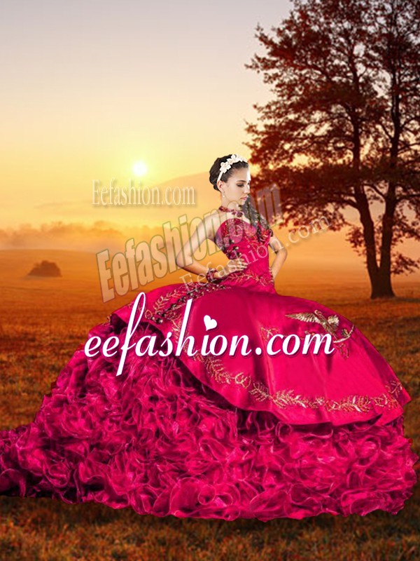 Fashionable Red 15 Quinceanera Dress Sweetheart Sleeveless Brush Train Lace Up