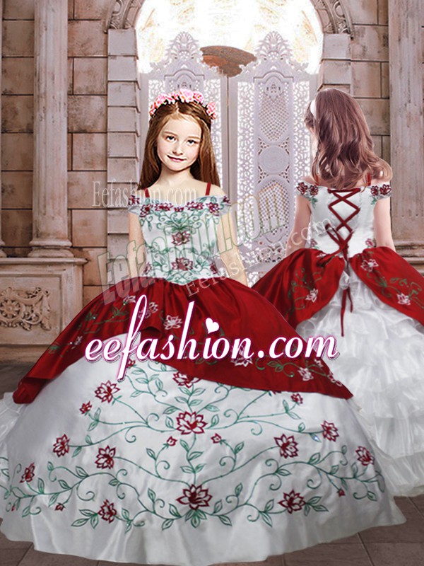  Floor Length Ball Gowns Sleeveless White And Red Little Girls Pageant Dress Lace Up
