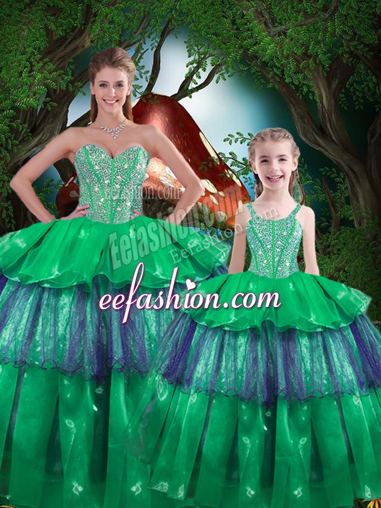  Green Sleeveless Organza Lace Up 15th Birthday Dress for Military Ball and Sweet 16 and Quinceanera