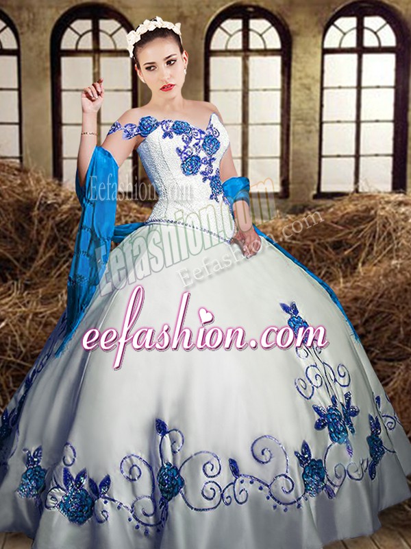  White Ball Gowns Embroidery Quinceanera Dress Lace Up Taffeta Sleeveless Floor Length