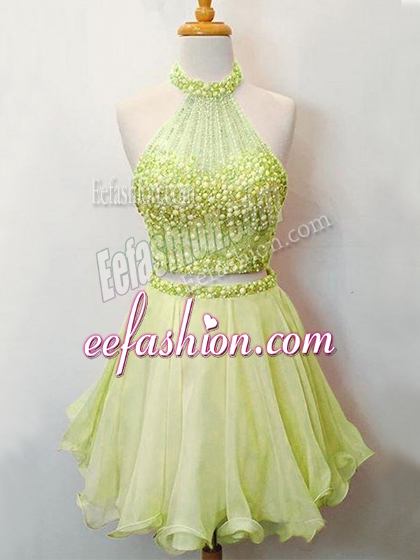 Most Popular Yellow Green Two Pieces Halter Top Sleeveless Organza Knee Length Lace Up Beading Court Dresses for Sweet 16