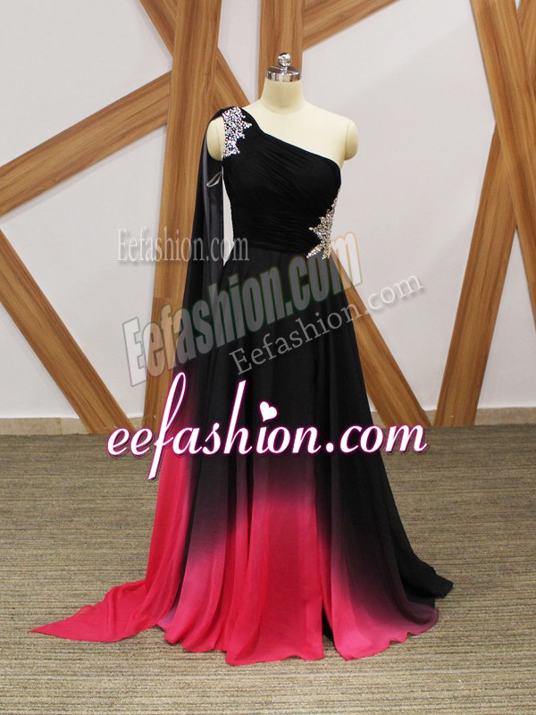  Multi-color Sleeveless Brush Train Beading and Ruching Prom Party Dress