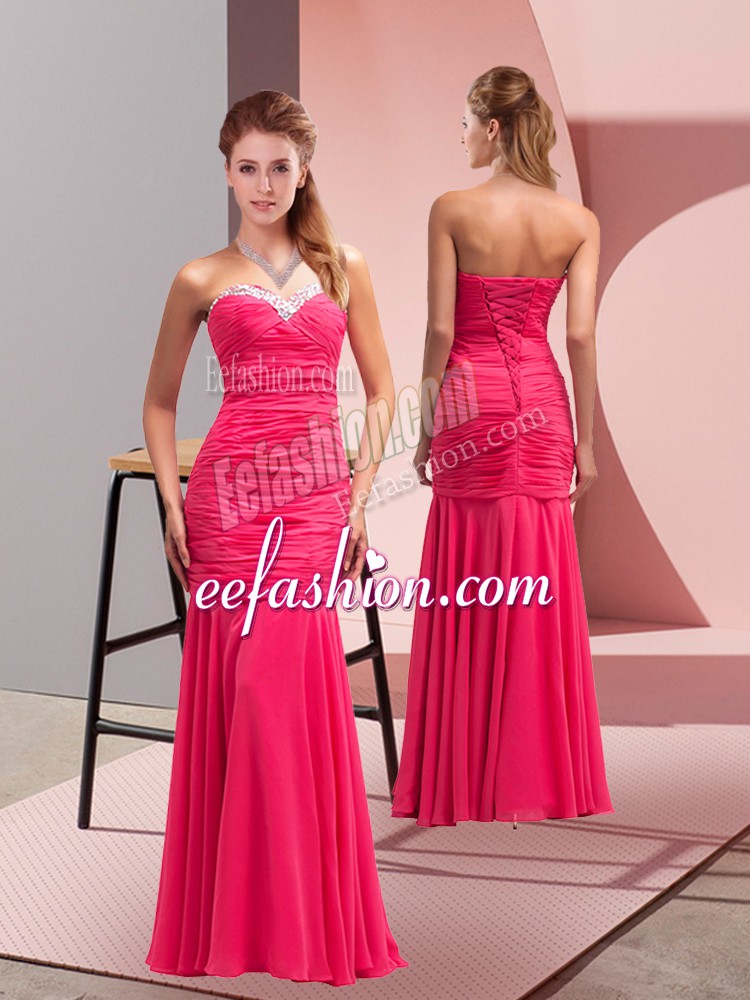 Flirting Floor Length Lace Up Prom Dress Hot Pink for Prom and Party with Sequins
