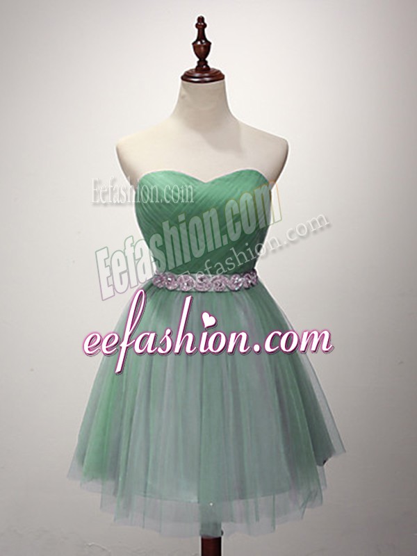  Green A-line Beading and Ruching Bridesmaid Dress Lace Up Tulle Sleeveless Mini Length