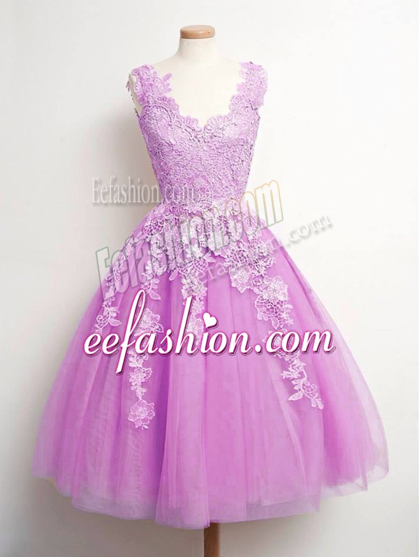  Lilac Tulle Lace Up V-neck Sleeveless Knee Length Dama Dress for Quinceanera Lace