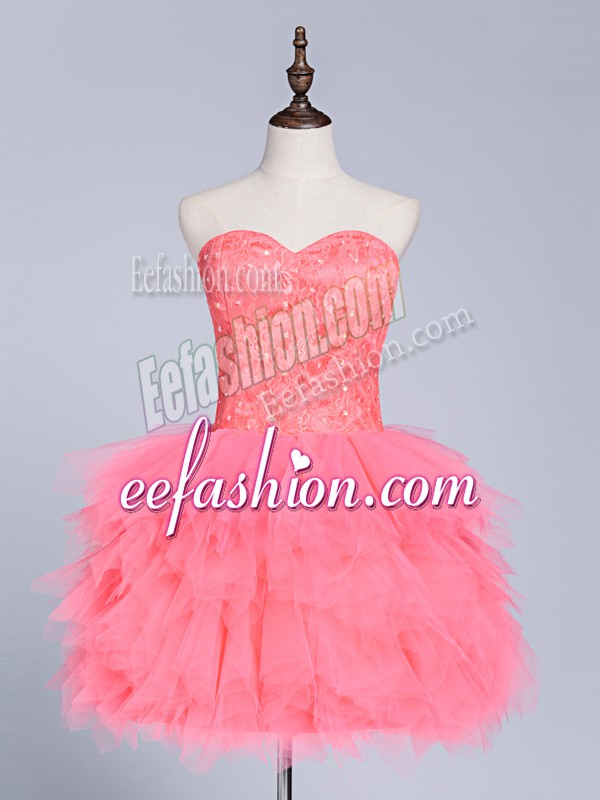 Dazzling Watermelon Red Lace Up Prom Party Dress Lace and Appliques Sleeveless Mini Length