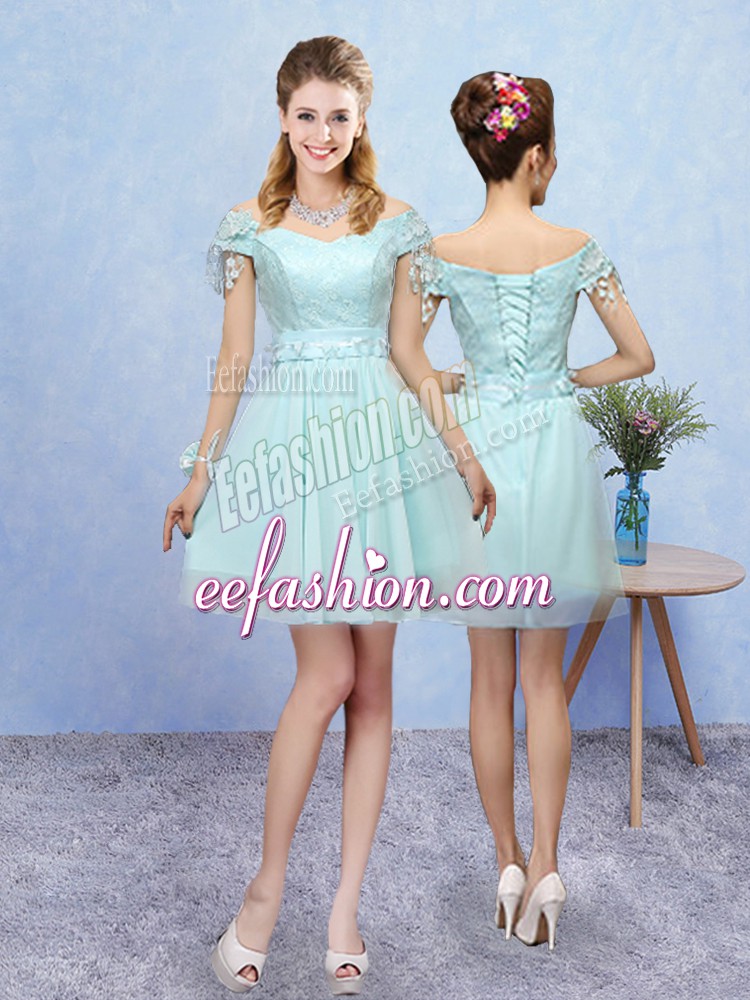  Aqua Blue Short Sleeves Mini Length Lace Lace Up Wedding Guest Dresses
