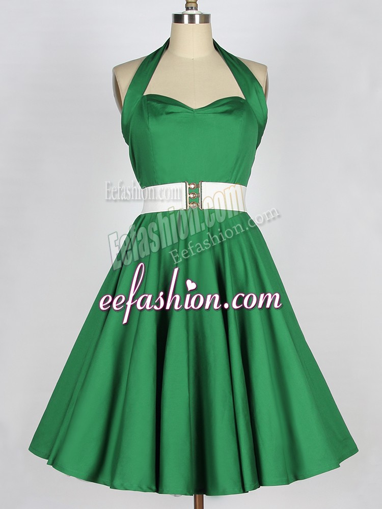 Admirable Green Lace Up Halter Top Belt Quinceanera Court Dresses Satin Sleeveless