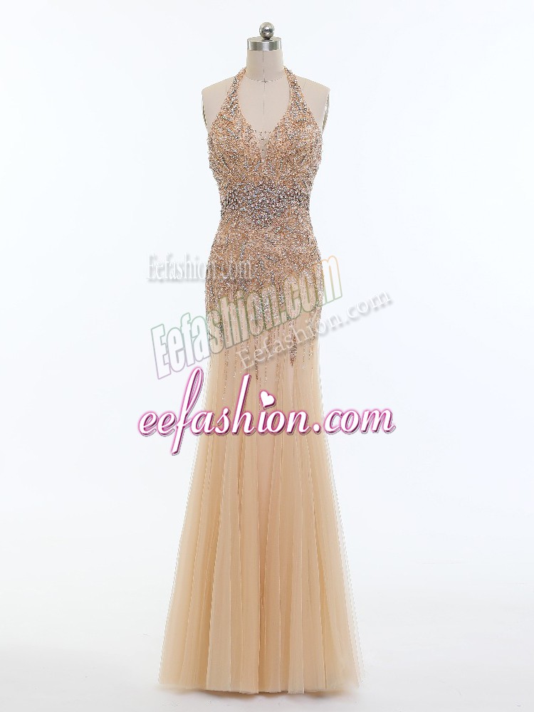 Ideal Champagne Backless Halter Top Beading Going Out Dresses Tulle Sleeveless