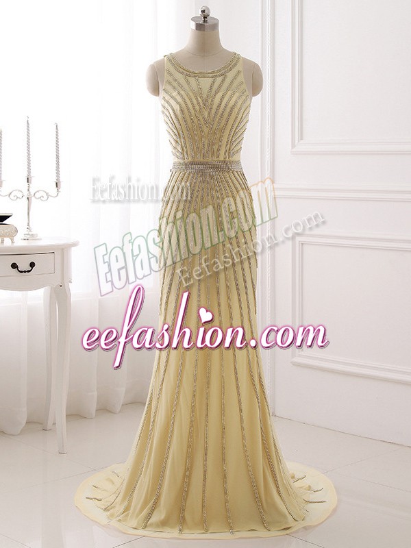Extravagant Champagne Juniors Evening Dress Prom and Party and Sweet 16 with Beading and Belt Scoop Sleeveless Brush Train Zipper