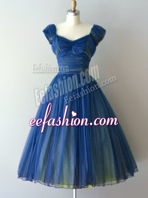  Cap Sleeves Knee Length Ruching Lace Up Bridesmaid Dresses with Blue