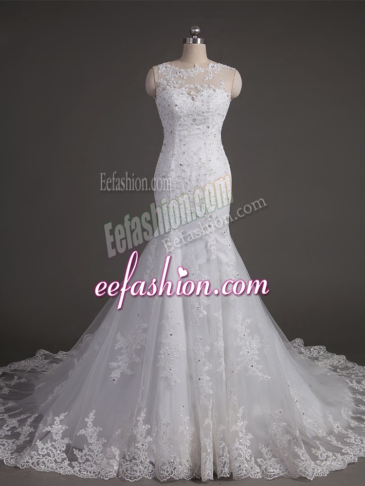 New Arrival White Ball Gowns Scoop Sleeveless Tulle Brush Train Backless Lace Bridal Gown