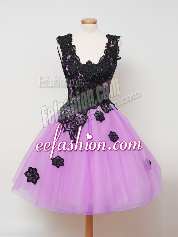  Knee Length Zipper Quinceanera Court Dresses Lilac for Prom and Party and Wedding Party with Appliques