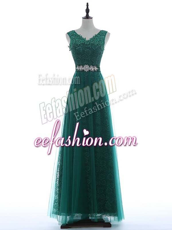  Sleeveless Floor Length Beading and Appliques Zipper Prom Party Dress with Green