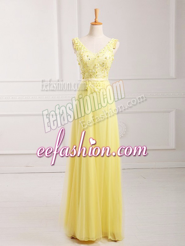 Modern Yellow Zipper V-neck Lace and Appliques and Belt Homecoming Dress Chiffon Sleeveless