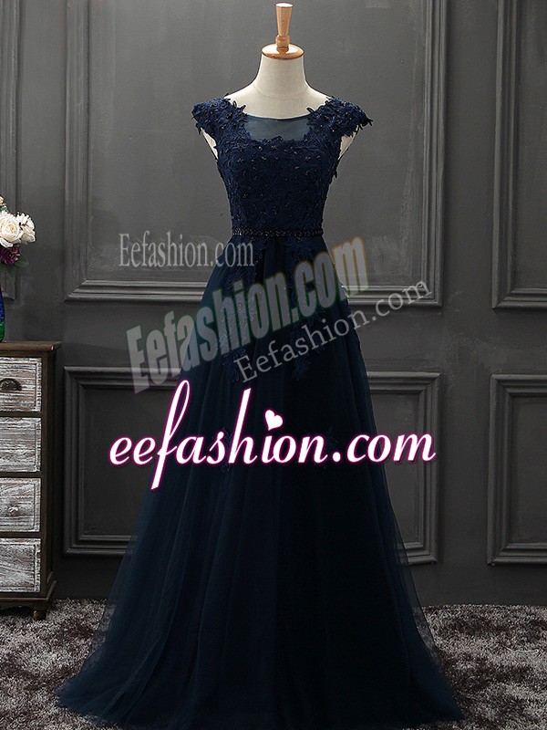  Scoop Sleeveless Lace Up Evening Dress Navy Blue Tulle