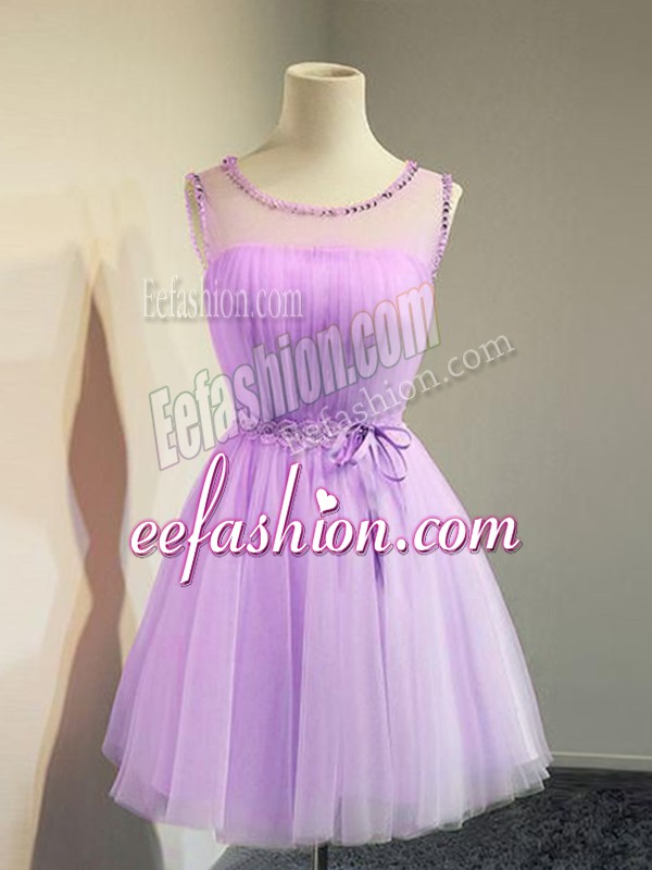  Empire Wedding Guest Dresses Lavender Scoop Tulle Sleeveless Knee Length Lace Up