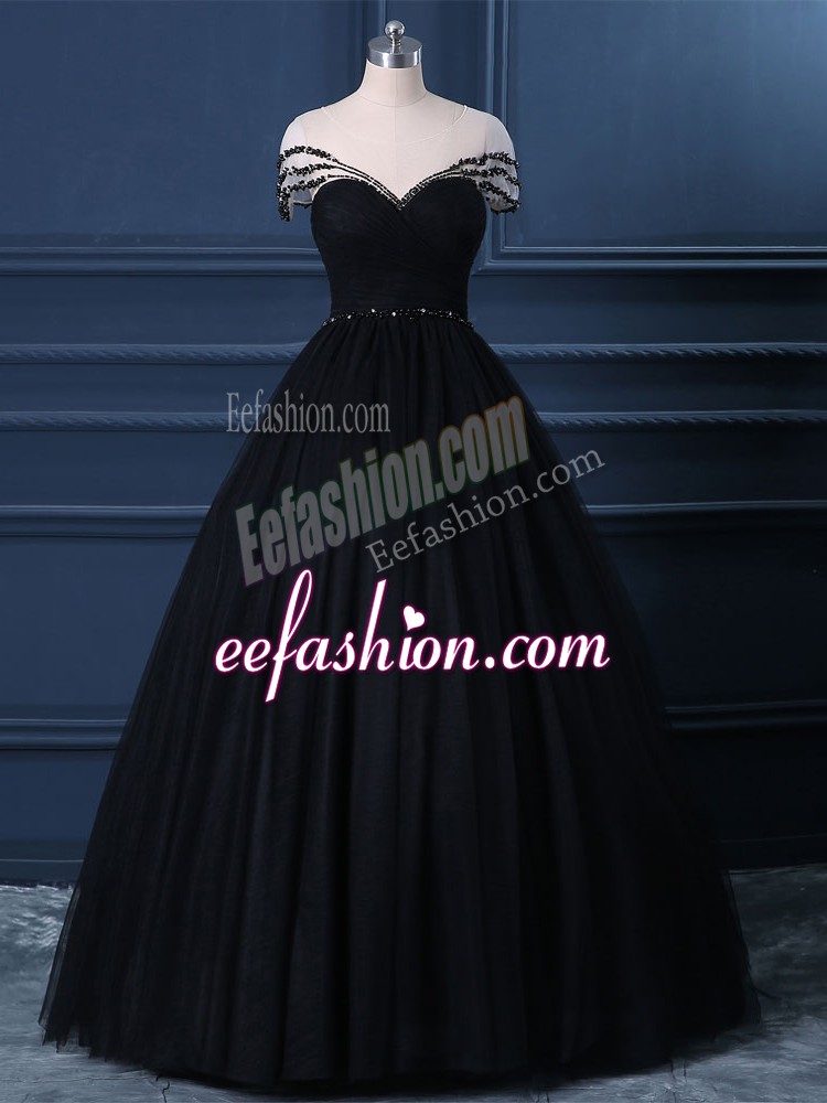  Black Tulle Side Zipper Formal Evening Gowns Short Sleeves Floor Length Beading