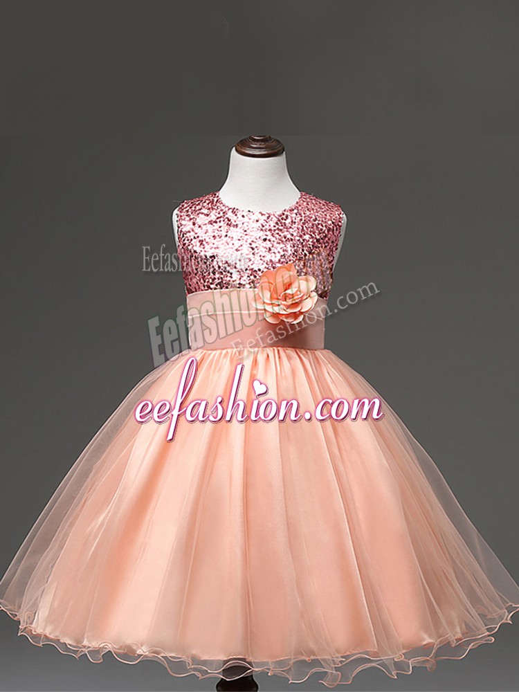  Peach Girls Pageant Dresses Wedding Party with Sequins and Hand Made Flower Scoop Sleeveless Zipper