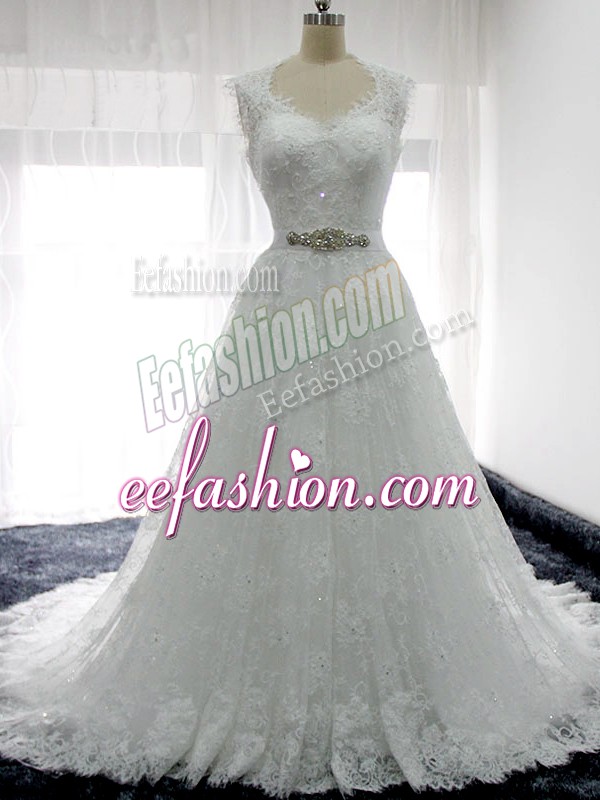 Suitable White Sleeveless Brush Train Beading and Lace Wedding Gowns