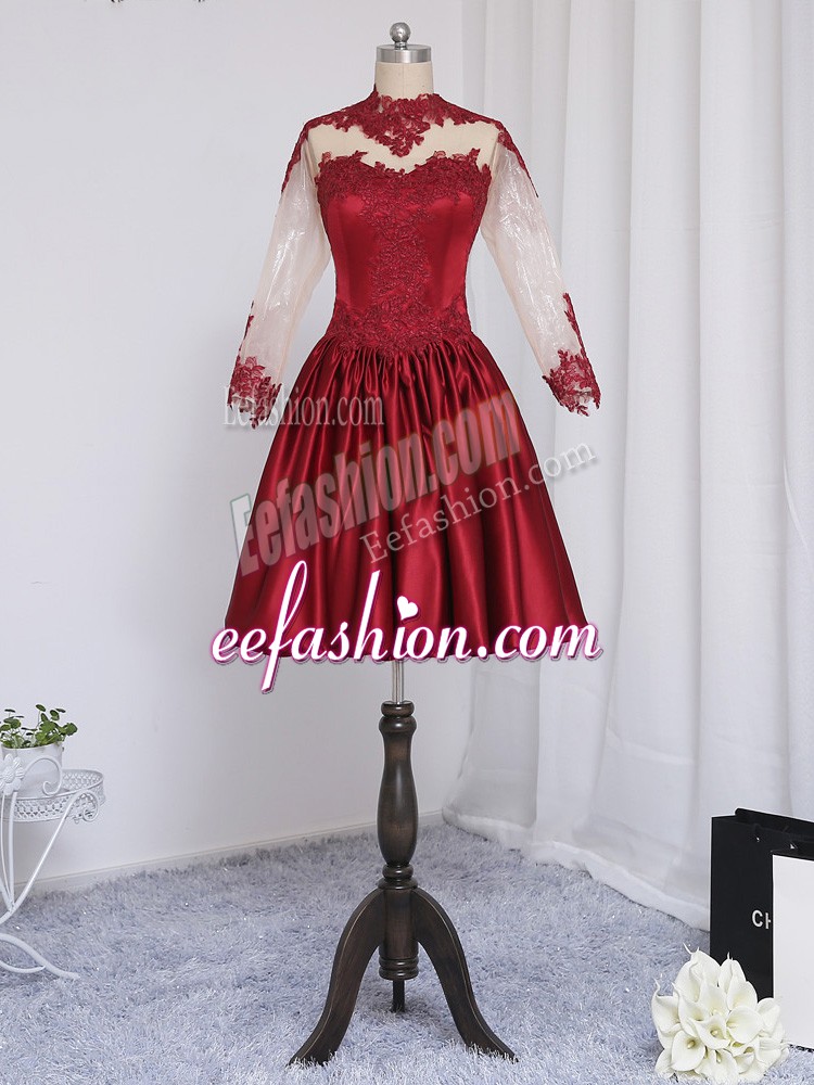 Modern Wine Red Evening Dress Prom and Party and Sweet 16 with Beading and Appliques High-neck Long Sleeves Zipper