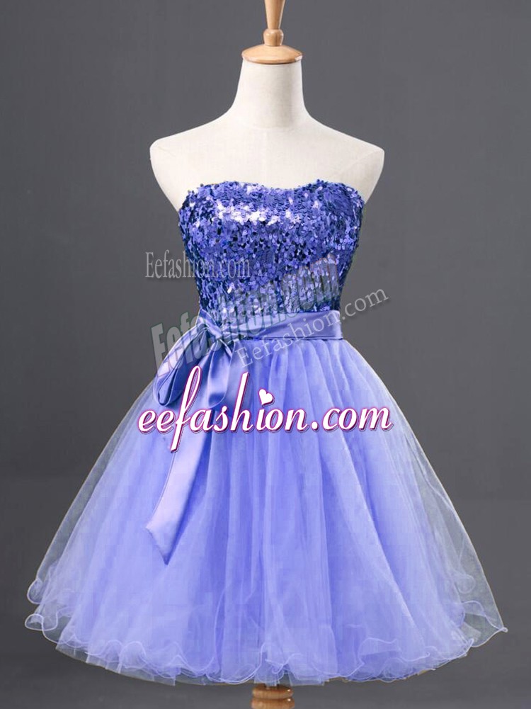 Suitable Blue A-line Tulle Sweetheart Sleeveless Sequins Mini Length Zipper Evening Dress
