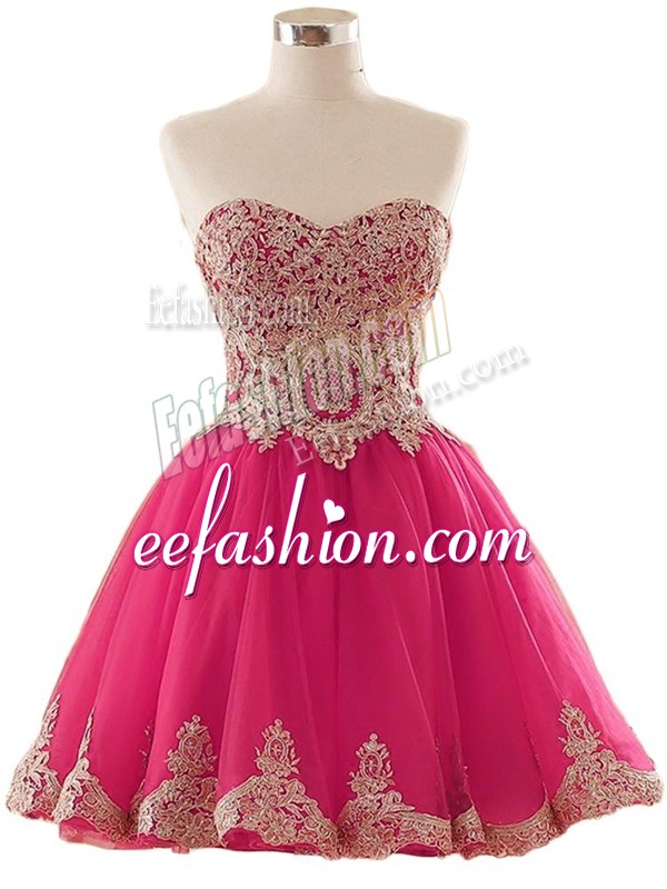Luxurious Hot Pink Prom Evening Gown Prom and Party and Sweet 16 with Appliques Sweetheart Sleeveless Lace Up