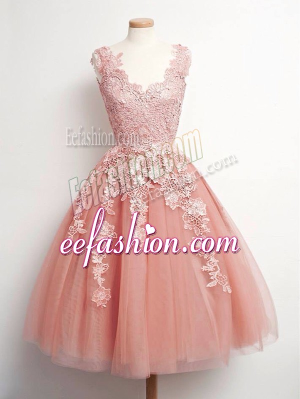  Peach Sleeveless Lace Knee Length Quinceanera Court Dresses