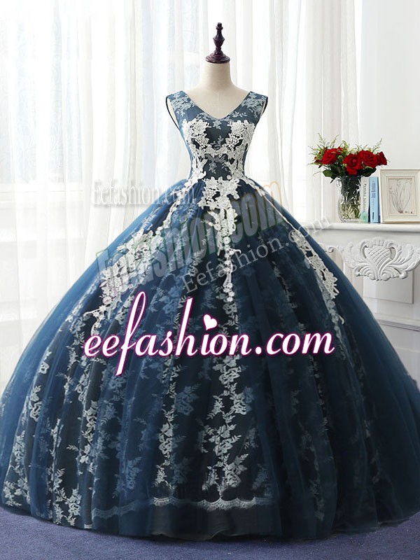  Navy Blue Organza and Taffeta and Chiffon and Tulle Lace Up Scoop Sleeveless Floor Length Sweet 16 Dress Ruffles and Pattern