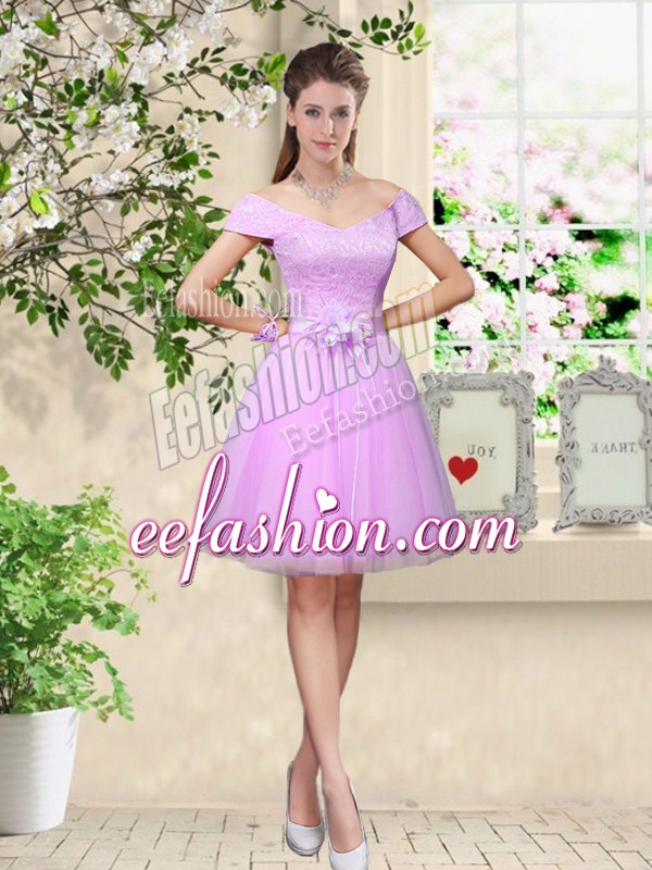 Fine Lilac Tulle Lace Up V-neck Cap Sleeves Knee Length Dama Dress Lace and Belt