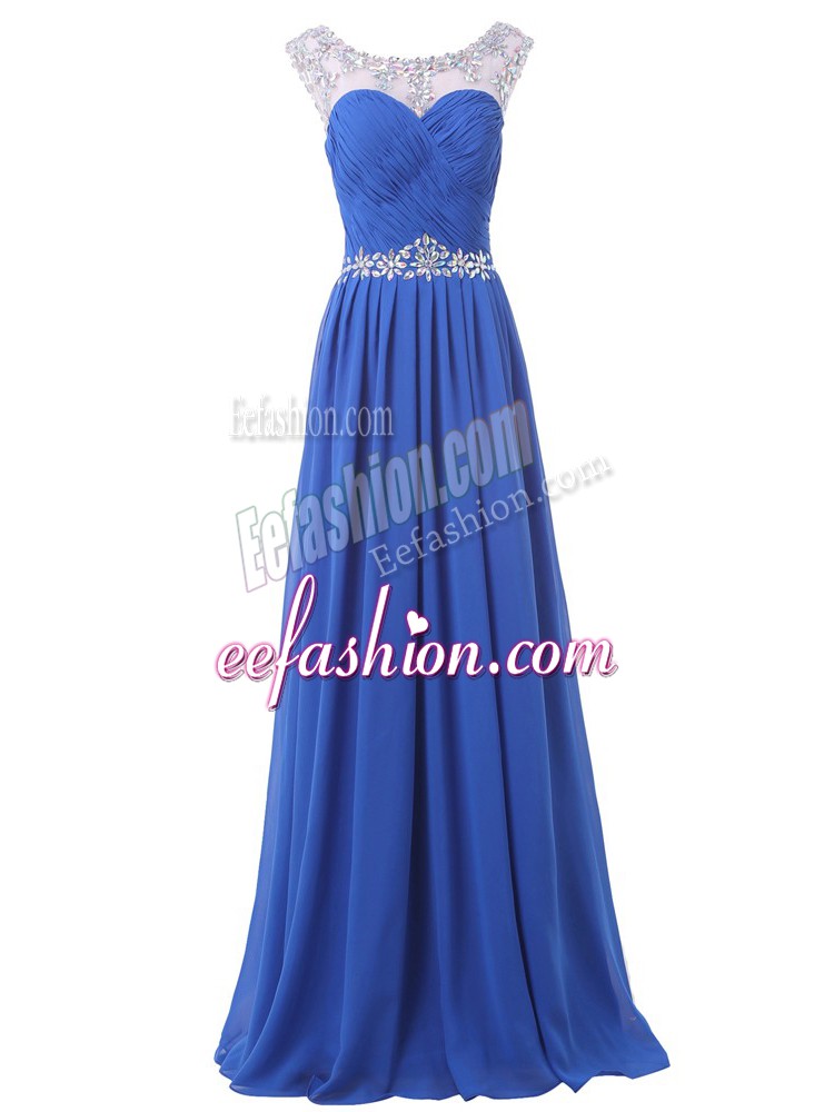 Decent Blue Evening Gowns Prom and Party with Beading Scoop Sleeveless Sweep Train Side Zipper